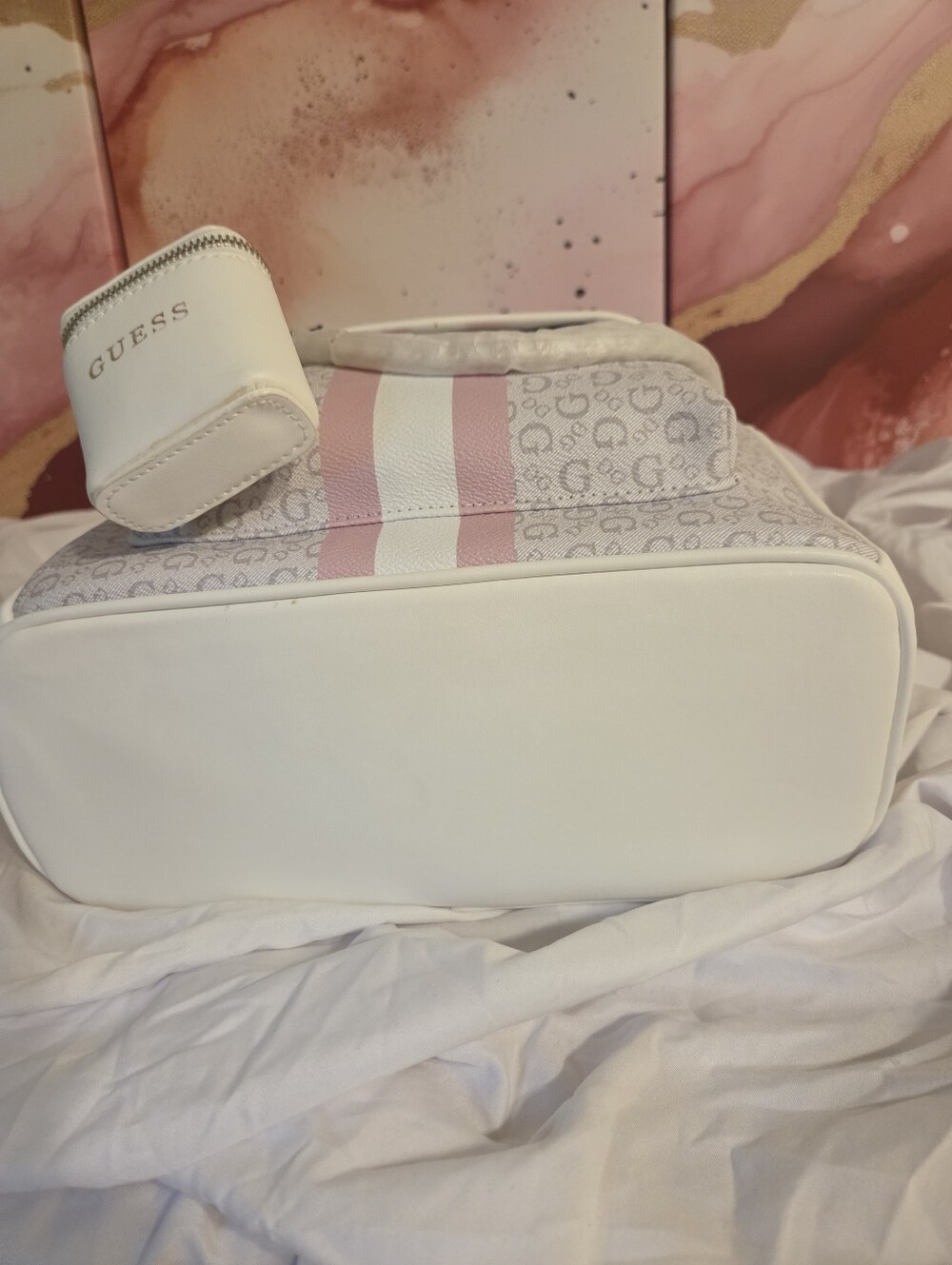 GUESS White & Pink Logo Stripe Backpack - Picture 6 of 6